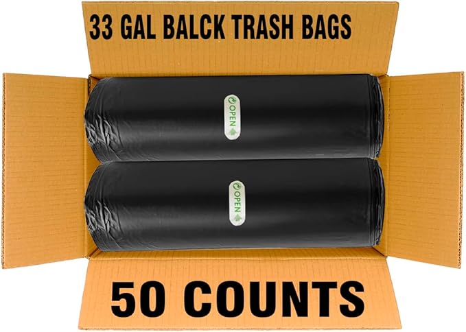 33 Gallon Trash Bags, 50 Count, Black Garbage bags, Multi-purpose Trash Can Bin Liners for Home Commercial, Outdoor, Construction, Industrial, Janitorial, Municipal, Lawn, Leaf