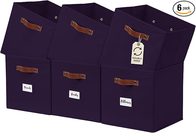 DECOMOMO Storage Bins, Cube Storage Bin with Labels, Fabric Storage Cubes for Shelves (10.5" x 11" / 6pcs, Deep Purple)