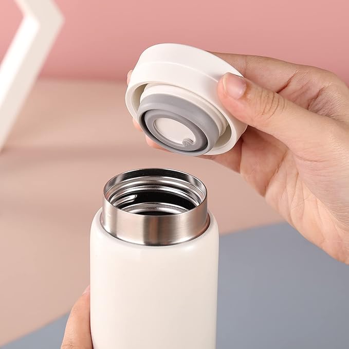 Mini Thermos Cute Water Bottle - 7 oz Tiny Insulated Vacuum 18/10 Stainless Steel Small Flask - Leak Proof & Spill Proof & Keeps Cold and Hot for Drink, Coffee, Tea - White