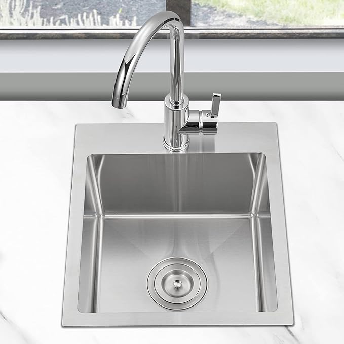 15x17 inch Bar Sink Drop in, Handmade 304 Stainless Steel Sink, 8" Deep Single Bowl, R10 Tight Radius, Topmount Installation, for Small Kitchen/RV/Bar Sink, Brushed