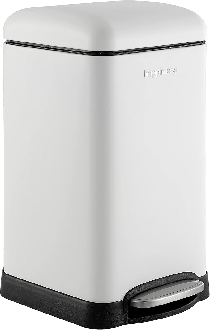 Happimess HPM1012C Betty Retro Mini 3.2-Gallon Step-Open Trash Can, Modern, Minimalistic, Fingerprint-Proof, Rustproof, Soft Close, Bedroom, Bathroom, Kitchen, Laundry Room, Office, 3.2 Gallons, White