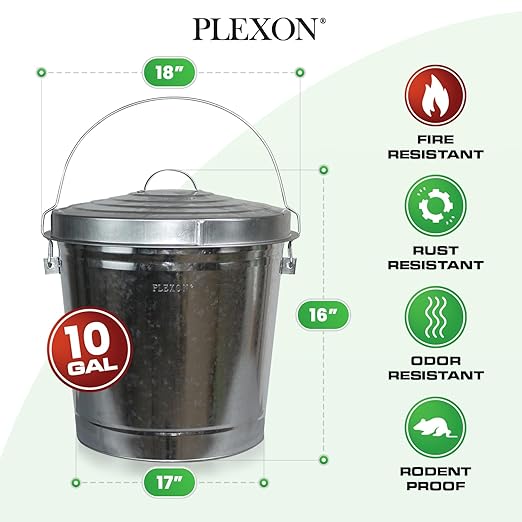 Plexon 10 Gallon Trash Can with Locking Lid Galvanized Metal Bucket for Poultry Feed Bird Seed Storage Ash Outside Garbage Can with Lid, 3 Pack