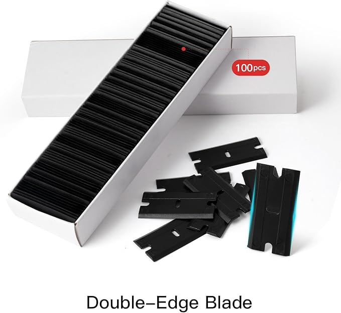 NEWISHTOOL 2 Pcs Long Handle Plastic Razor Blade Scraper With 100 PCS Spare Replacement Blades, Sticker Remover Glue Residue Tool for Hard to Reach Corner