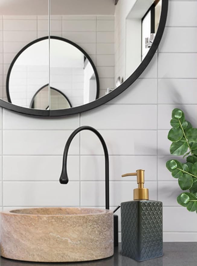 Gold Soap Dispenser for Bathroom,Retro Black Square Lotion Dispenser, Refillable Countertop Ceramic Hand Soap Dispenser,Dish Soap Dispenser for Kitchen 350ml