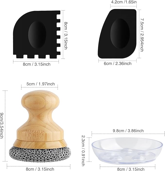 Cast Iron Scrubber and Scraper,Chain Mail Cleaner with Bamboo Handle & Draining Tray,316 Stainless Steel Brush for Cleaning Pots,Pans,Wok,Bakeware,Griddles, Grills,Dishes (Small Chain Mail)
