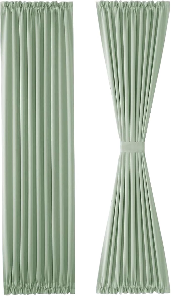 DWCN French Door Curtains – Rod Pocket Thermal Blackout Curtain for Doors with Glass Window, Kitchen and Patio Doors for Privacy, 25 X 72 Inches Long, 1 Curtain Panel with Tieback, Bean Green