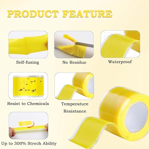 Self Fusing Silicone Tape 1 in x 5' Yellow Waterproof Rubber Leak Proof Sealing Rubber Self-amalgamating Tape for Emergency Hot and Cold Water Pipe Repairs and Tool Fixation