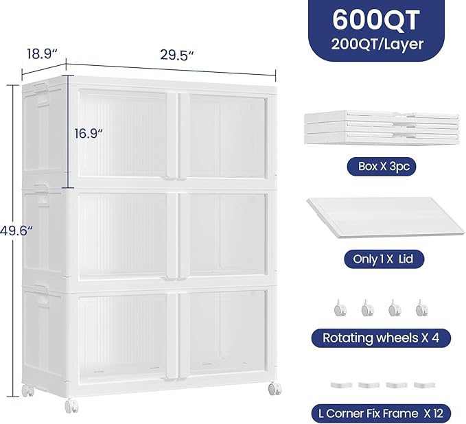 600Qt Stackable Storage Bins with Lid and Wheels, 150Gal Plastic Closet Organizer and Storage Drawer, Large Collapsible Storages Box Cabinet with Clear Door for Home Kitchen, 3Pack White