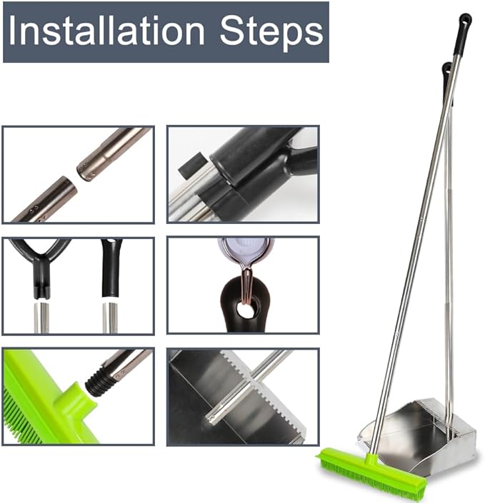 Rubber Broom and Dustpan Set,Pet Hair Removal Rubber Broom with Squeegee and Stainless Steel Dust Pan,Carpet Rake Push Broom and Dustpan for Fluff Hardwood Floor Tile (Green)