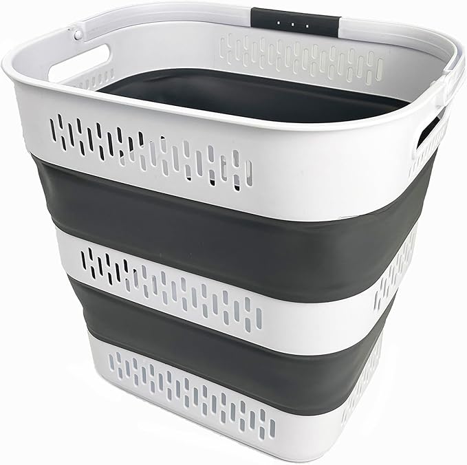 SAMMART 40L (10.5 Gallon) Collapsible Plastic Laundry Basket with Handles - Foldable Pop Up Storage Container/Organizer - Portable Laundry Hamper - Space Saving (1, White/Steel Grey)