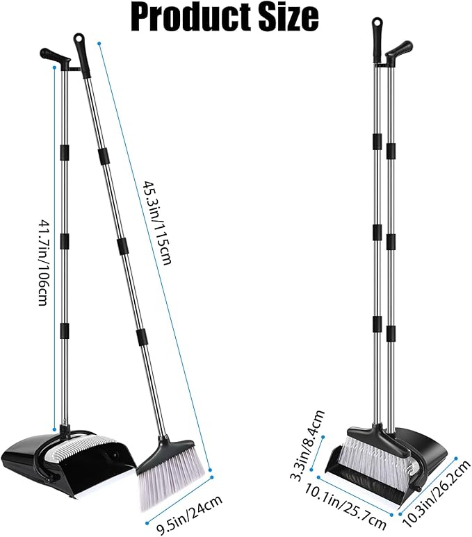 Broom and Dustpan Set with Long Handle and 6 Bonus Cleaning Tools, Upright Standing Combo with Self-Cleaning Teeth & Windproof Dustpan for Pet Hair, Home, Kitchen, Garage, Apartment