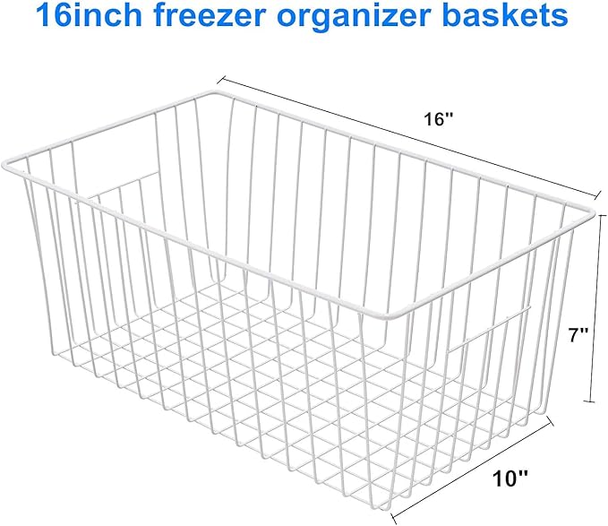 Upright Freezer Organizer Bins， Freezer Baskets for 16, 17, 21 cu.ft Standup Freezer, Wire Storage Baskets with Built-in Handles, 4Pcs , White