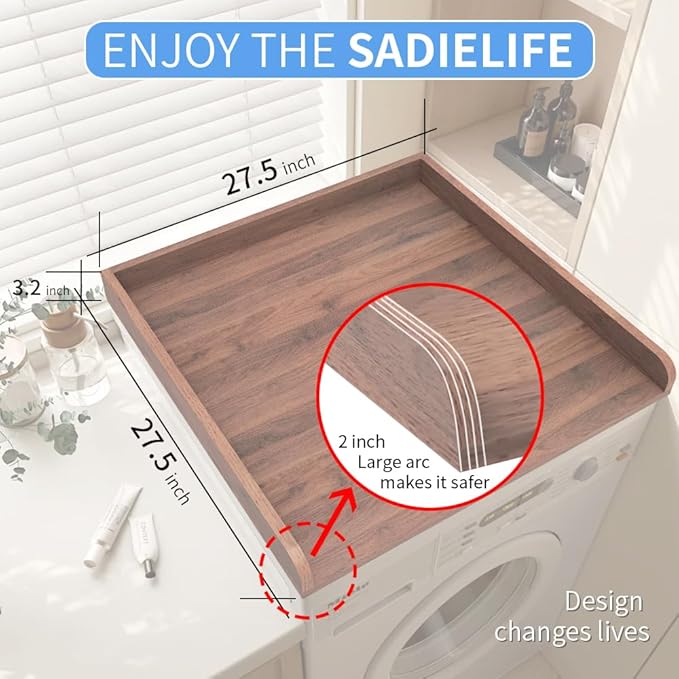 Washer Dryer Countertop Only,Edge Rails-27.5" Depth*27.5" Width Laundry Room Organization,High-Adhesion Non-Slip Protective Layer,with Edge Rails (Walnut)