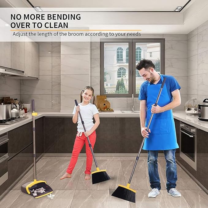 2-Pack is More economical，Upgraded Broom and Dustpan， with 52" Long Handle, Dustpan Teeth with self-Cleaning Function, Indoor and Outdoor Sweeping, Perfect for Home Office
