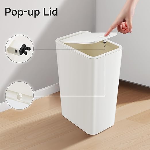 TIPGO Bathroom Trash Can with Lid, 4 Gallon / 15 Liter Small Garbage Can, Press Top Bin, Plastic Wastebasket with Pop-Up Lid for Bedroom, Living Room, Office (White)