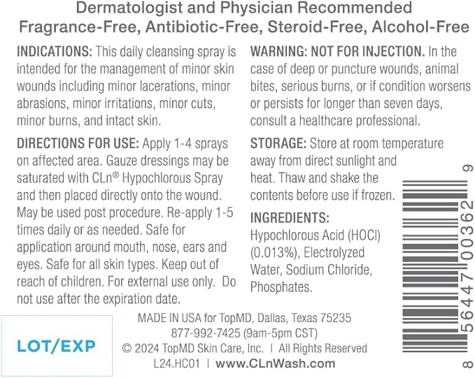 CLn® Hypochlorous Spray - Daily Cleansing Spray to Manage Minor Skin Cuts and Lacerations Without Alcohol, Antibiotics, Steroids or Fragrance, 3 fl. oz.