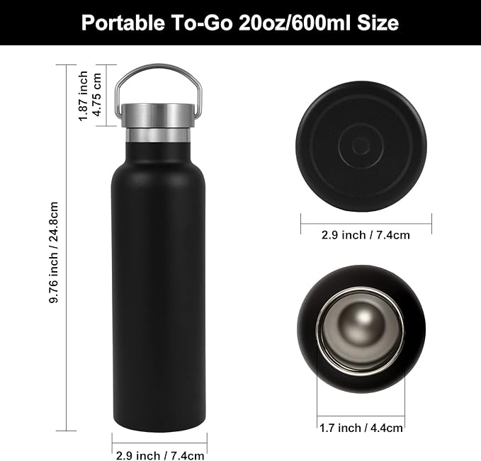 Neihepal 20 oz Insulated Water Bottles Bulk 2 Pack,Stainless Steel Double Wall Sport Bottle with Lid of Handle,Metal Reusable Thermoses Flask with Cup Cap for School,Hikers,Gift (Black,Set of 2)