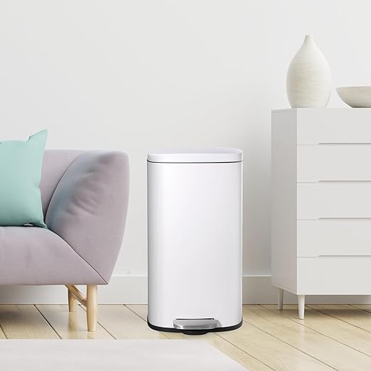 AthLike Trash Can, Stainless Steel Kitchen Garbage Can, Step Waste Bin with Hinged Lid and Removable Inner Bucket, Soft-Close, Dustbin for Bathroom Bedroom Living Room Home (White, 13.2 Gal)