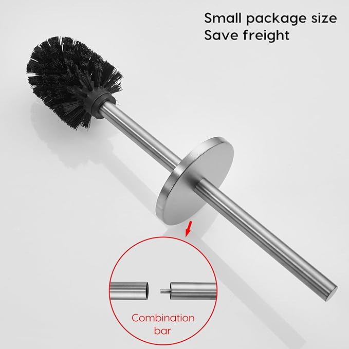 Brushed Stainless Steel Toilet Brush and Cover, No-Punch Hook Base Dual Purpose Toilet Brush Holder with Removable Inner Bucket and Splash Cover - Soft Bristles (Brushed)