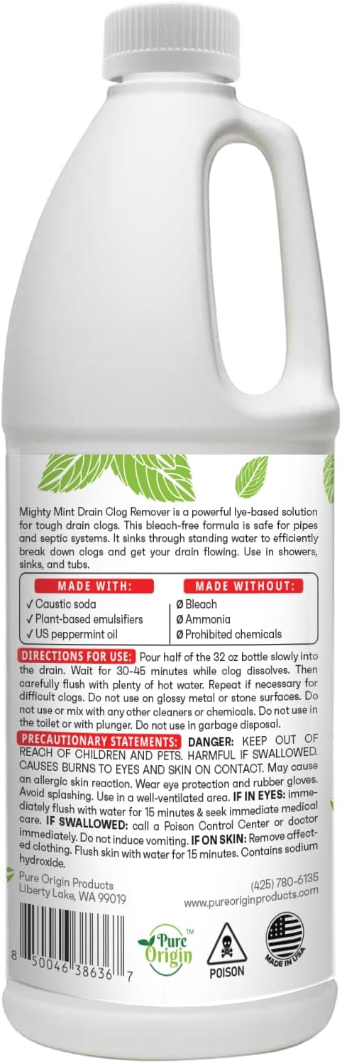 Mighty Mint Drain Clog Remover, Safe for Pipes and Septic, Dissolves Hair & Grease, Clears Blocked Drains and Deodorizes, Natural Mint Scent, 32oz