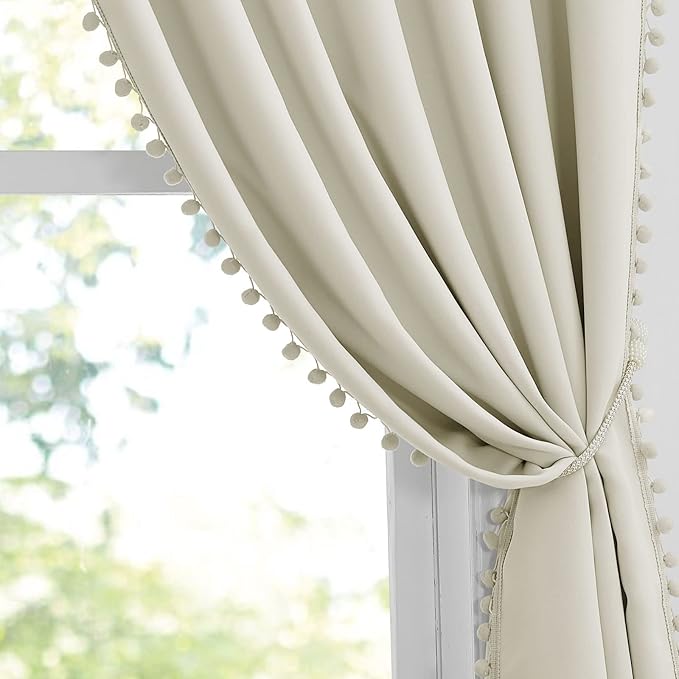 RYB HOME Bedroom Curtains 84 Inches Long Kids Curtains Blackout Window Drapes with Pom Pom Balls Lights & Heat Blocking Drapes for Girls Boys Kitchen Farmhouse, Beige, W52 x L84, Set of 2