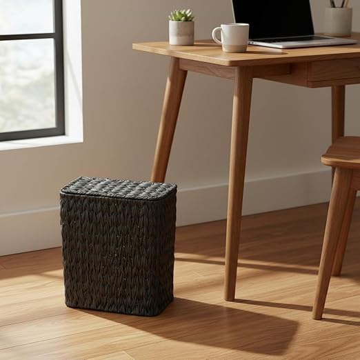Black Wicker Trash Can with Lid and Liner,Waterproof Narrow Waste Basket for Bathroom,Bedroom,Office,3 Gallon