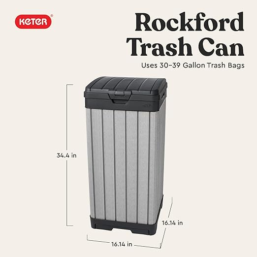 Keter Rockford Resin 38 Gallon Outdoor Kitchen Trash Can with Lid and Drip Tray for Easy Cleaning-Perfect for Patio Dining, Grey