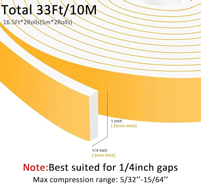 High Density Foam Weather Stripping Door Seal Strip Insulation Tape Roll for Insulating Door Frame, Window, Air Conditioner Soundproof Self Adhesive Sealing Weatherstrip(1 in x 1/4 in x 33 Ft)