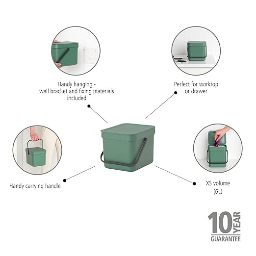 Brabantia Sort & Go Food Trash Can (1.6 Gal/Fir Green) Small Countertop Kitchen Compost Caddy with Handle & Removable Lid, Easy Clean, Fixtures Included for Wall/Cupboard Mounting