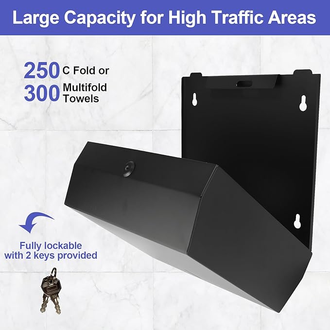 Paper Towel Dispenser Wall Mount, Matte Black Stainless Steel Commercial Paper Towel Holder with Lock, Large Capacity 250 C Fold/300 Multifold Towels