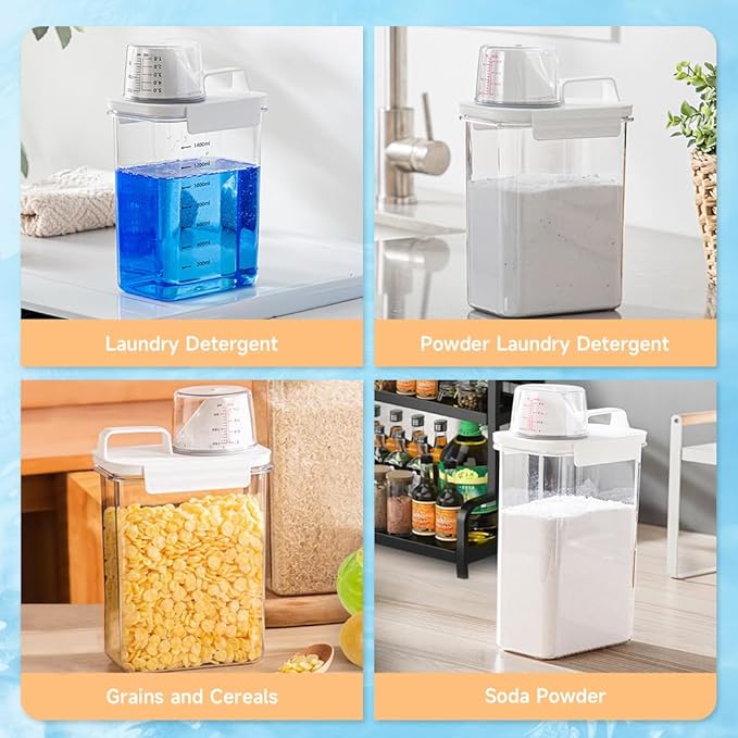 Tokokimo 2 Packs Laundry Powder Container, Laundry Detergent Dispenser with Lids, Laundry Scent Booster Beads Dispenser for Washing Powder, Soda Powder, Grain