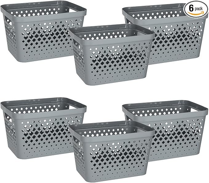 Glad Plastic Storage Basket Set, Value Pack of 6 | Open Storage Bins for Shelves, Bathroom, Pantry, Closet | Nesting Organizer Boxes with Handles, 4 Gallon, Grey
