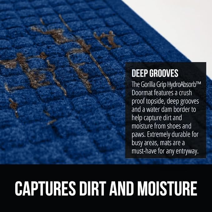 GORILLA GRIP Front Door Mat, 35x23, Indoor Outdoor Ultra Absorbent HydroAbsorb Doormat, Absorbs Up to 5.7 Cups of Water, Stain and Fade Resistant, Rubber Backing Doormats, Captures Dirt, Blue