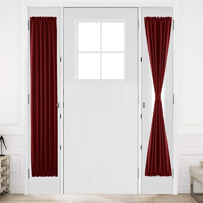 DWCN French Door Curtains – Rod Pocket Thermal Blackout Curtain for Doors with Glass Window, Kitchen and Patio Doors for Privacy, 12 X 72 Inches Long, 1 Curtain Panel with Tieback, Burgundy