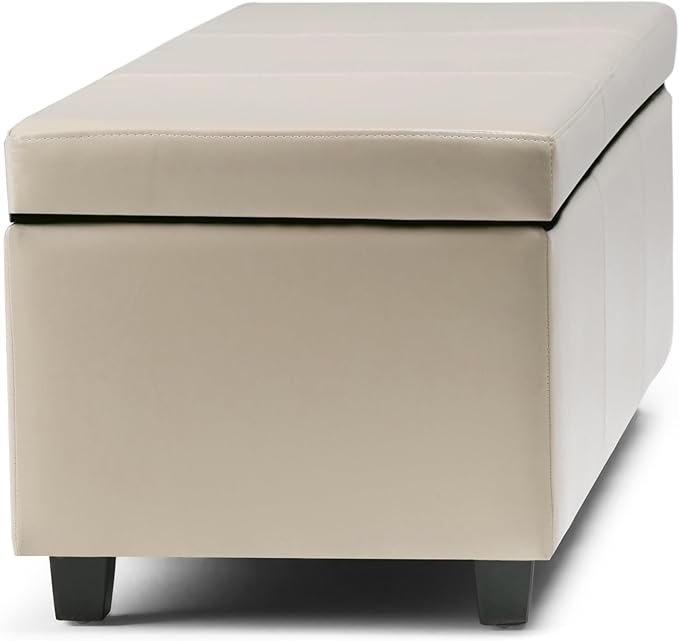 SIMPLIHOME Avalon 48 inch Wide Contemporary Rectangle Storage Ottoman Bench in Satin Cream Vegan Faux Leather, Assembled, for the Living Room, Entryway and Family Room