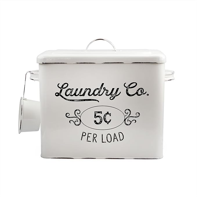 AuldHome Design Farmhouse Laundry Powder Container, White Enamelware Detergent Bin w/ Scoop