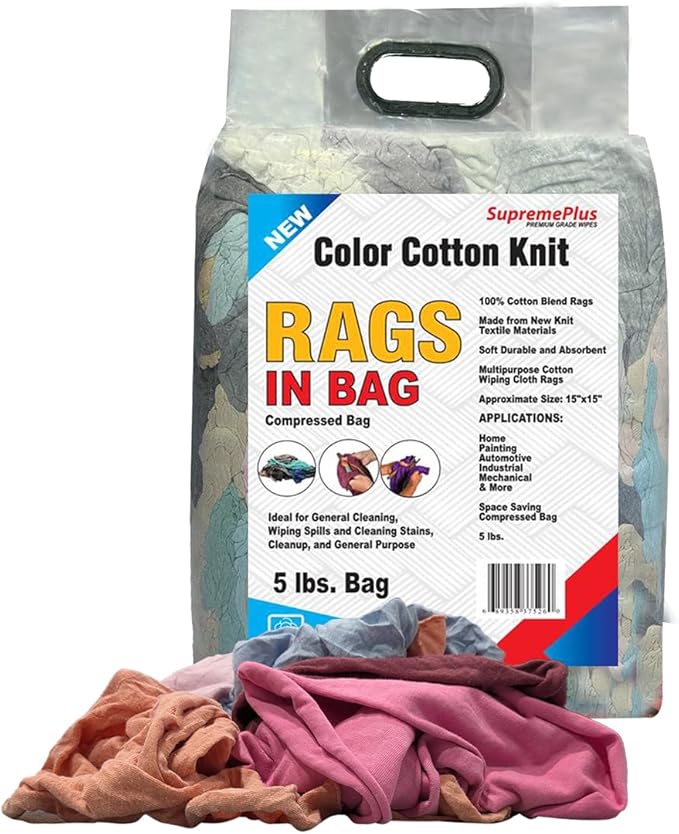 Premium Color Knit Cleaning Rags (5 lbs. Bag) – Shop Rags Bulk for Workshops, Mechanics, Painters, and Home Use, Multipurpose Cotton T-Shirt Rags