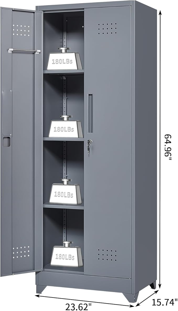 Broom Closet Storage Cabinet, Steel Locking Cabinet with Hanging Rod, 65" Cleaning Storage with Doors and Hooks, Tall Broom Tool Cabinets for Office, Garage