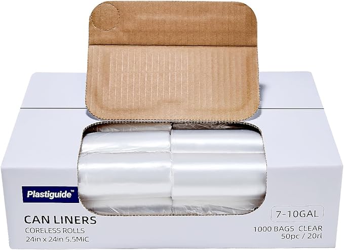 7-10 Gallon Clear Trash Can Liners, 24'' x 24'', Wholesale 1000 Count, High Density Garbage Bags for Office, Bathroom, Commercial and Industrial Use