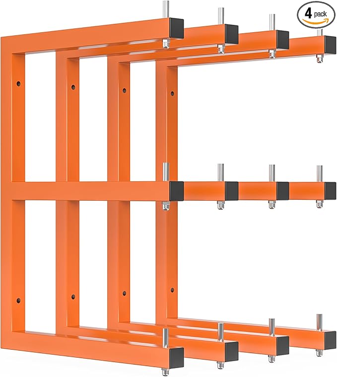 4 PACK Lumber Rack Wall-Mounted Lumber Storage Rack, Heavy Duty Wood Storage Racks With 6-Level System, 1320 LB Sturdy Garage Wood Organizer, Hanging Orange Lumber Metal Racks for Indoor & Outdoor