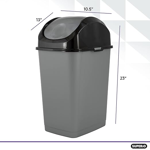 Superio Trash Can with Swing Top Lid 9 Gallon, Grey and Black Slim Waste Bin Durable Plastic 37 Qt Fit Small Spaces, Office, Bathroom, Under