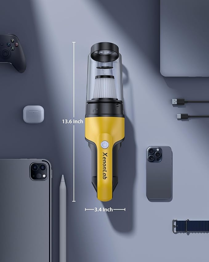 Handheld Vacuum Cordless 1.1 Pounds Car Vac 10000PA Hand Held Vacuums 4-in-1 Hand Vac Cordless Rechargeable HEPA Filter Large Capacity Dust Cup for Car Office Home Pets Hair (Yellow)