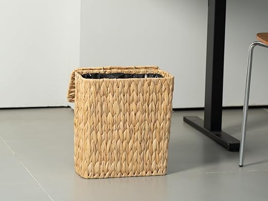3 Gallon Wicker Trash Can,Small Bathroom Trash Can with Lid,Natural Water Hyacinth Wicker Waste Basket for Bedroom,Toilet,Narrow Garbage Can with Removable Liner