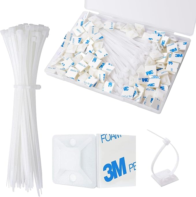 Strong Back-Glue Self Adhesive Cable Zip Tie Mounts Kit - 100 Set Cable Management Clips with 6" Zip Ties, Wire Holders - Outdoor Sticky Wire Organizer Clips - White