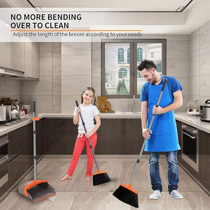 2-Pack is More economical，Upgraded Upright Broom and Dustpan Combo with 52" Long Handle, Dustpan Teeth with self-Cleaning Function, Indoor and Outdoor Sweeping, Perfect for Home Office
