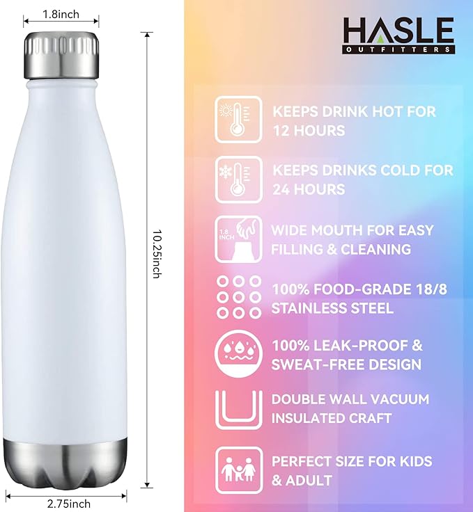 HASLE OUTFITTERS 17oz Stainless Steel Water Bottles, Vacuum Insulated Water Bottles Double Walled Powder Coated Reusable Metal Sports Water Bottles Keep Drinks Hot and Cold, White, 1Pack