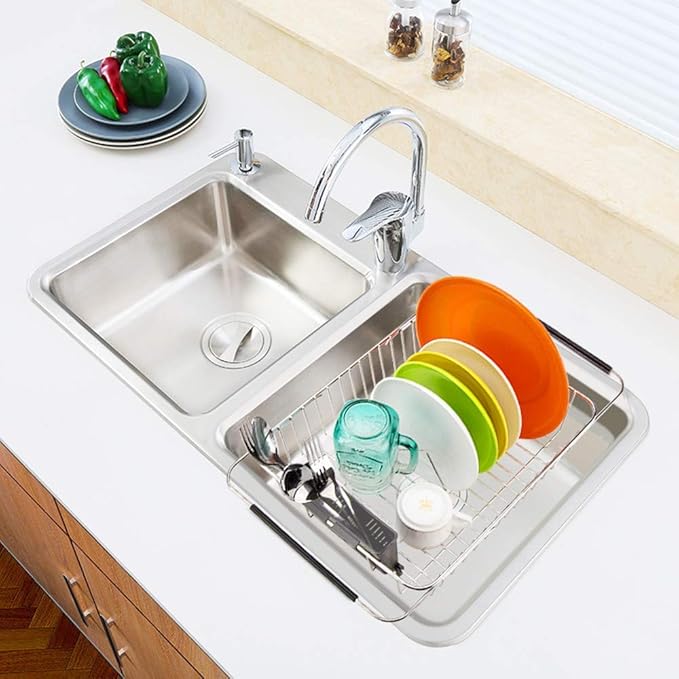 SANNO Expandable Dish Drying Rack,Dish Drainer,Dish Plate Holder Basket in Sink or On Counter with Utensil Silverware Storage Holder, Over The Sink,Rustproof Stainless Steel
