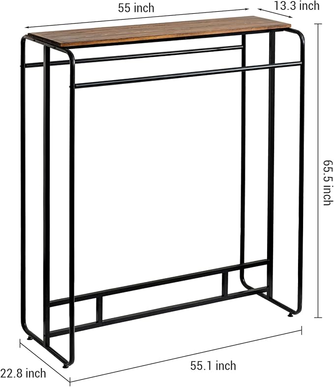 MyGift Dual Clothing Rack, Commercial Urban Black Metal Freestanding Large Garment Rack with Burnt Solid Wood Top Storage Shelf, Heavy Duty Double Rod Clothes Rack