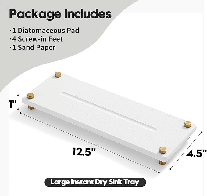Water Absorbing Stone Sink Caddy Kitchen Sink Organizer Tray, Diatomite Bathroom Counter Tray, Gold Faucet Drying Mat Coaster Soap Dish Rack Riser Dispenser Sponge Holder, White 12.5" x 4.5"