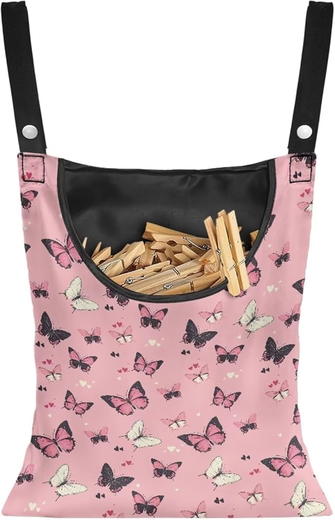 Butterfly Print Clothes Pin Hanging Bag, Stylish Clothespin Bag with Hanging Rope Clothes Pins Bag Holder Outdoor for Clothespin